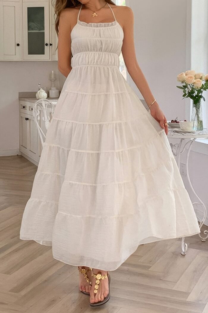 Solid halter ruched textured tiered full dress - image 12