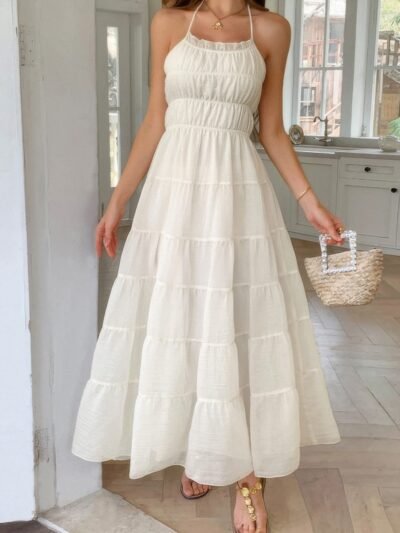 Solid Halter Ruched Textured Tiered Full Dress Solid Halter Ruched Textured Tiered Full Dress