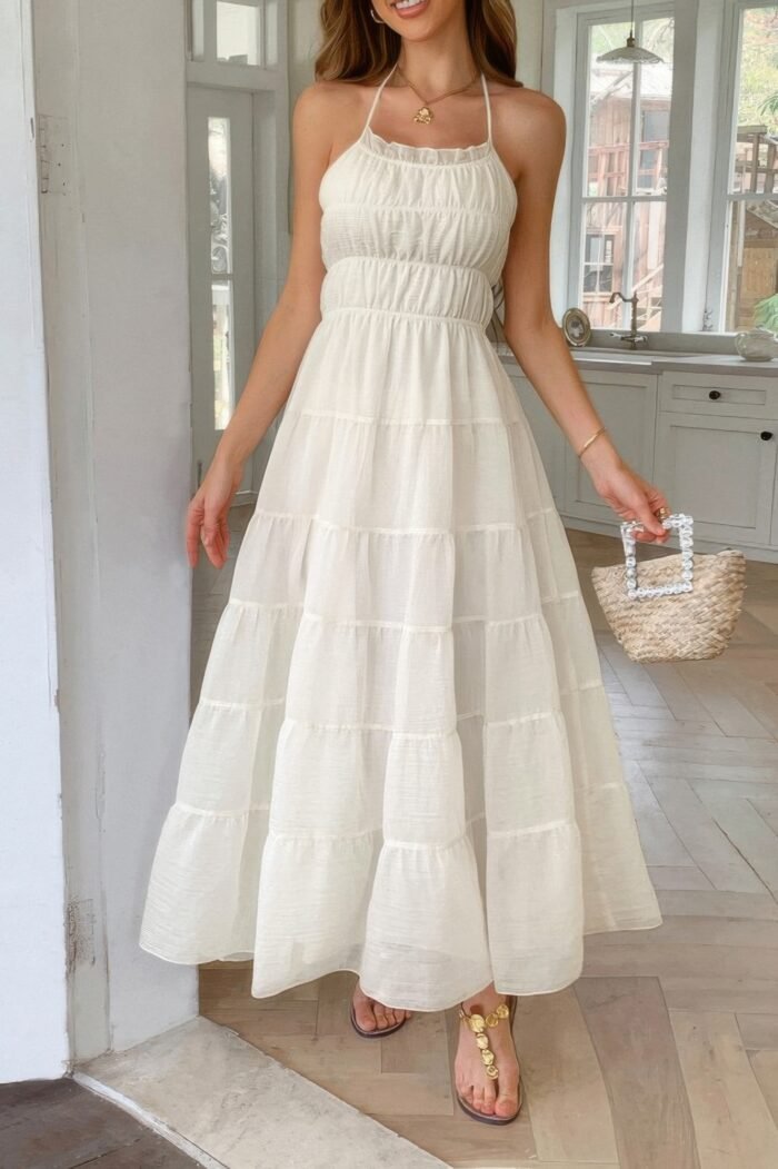 Solid halter ruched textured tiered full dress - image 13