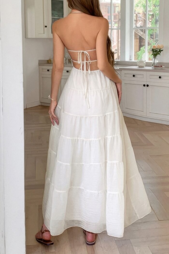 Solid halter ruched textured tiered full dress - image 14