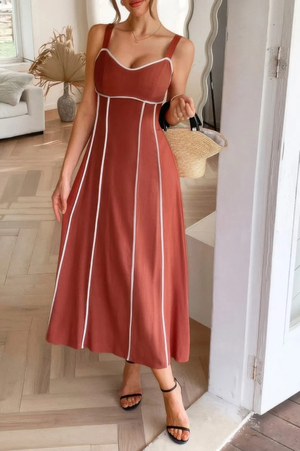 strip contrast binding linen blend cami dress