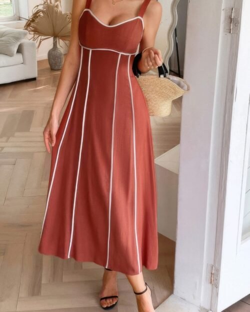 Strip Contrast Binding Linen Blend Cami Dress