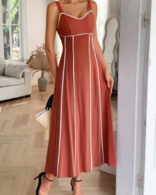 strip contrast binding linen blend cami dress