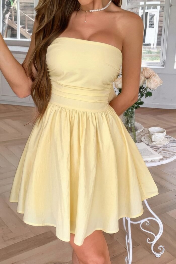 Solid off shoulder tube elastic waist dress - image 1
