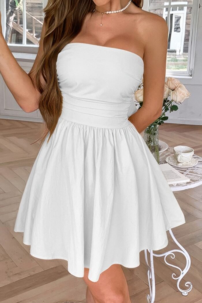 Solid off shoulder tube elastic waist dress - image 5