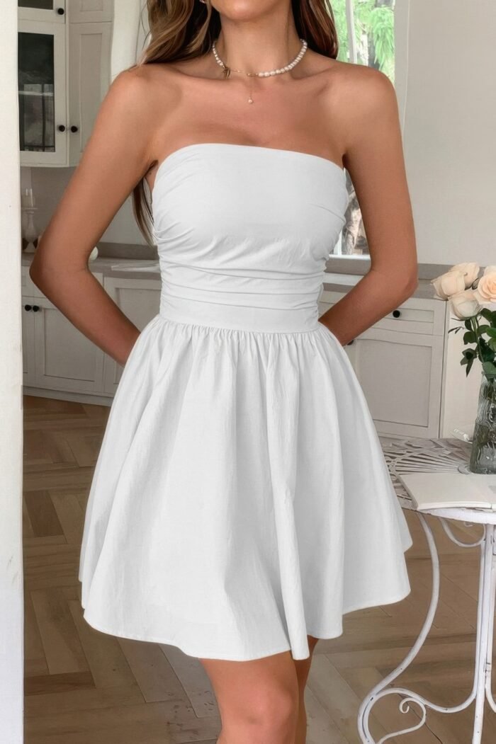 Solid off shoulder tube elastic waist dress - image 6