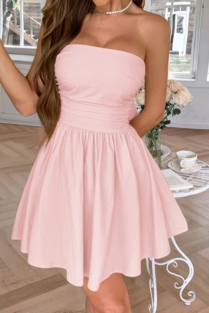 Solid off shoulder tube elastic waist dress - image 9
