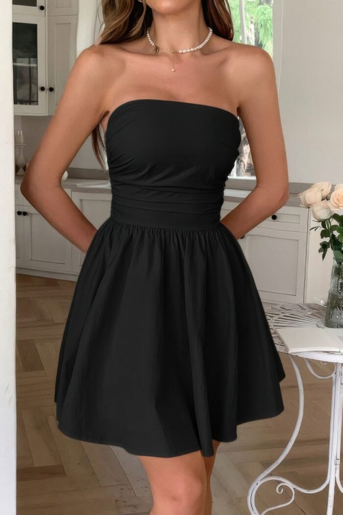 Solid off shoulder tube elastic waist dress - image 11