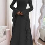 Solid Stand Collar Flare Sleeve Ruffle Full Dress