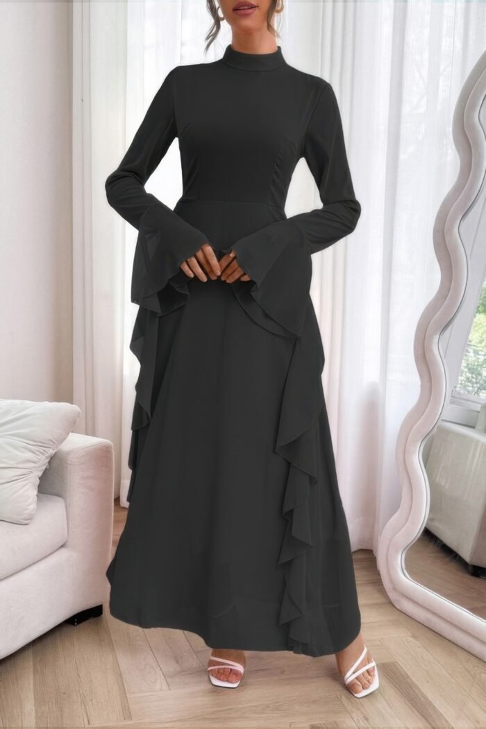 Solid stand collar flare sleeve ruffle full dress - image 1