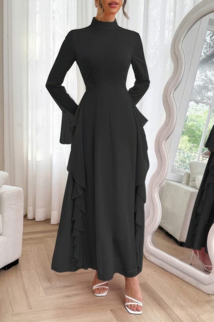 Solid stand collar flare sleeve ruffle full dress - image 2