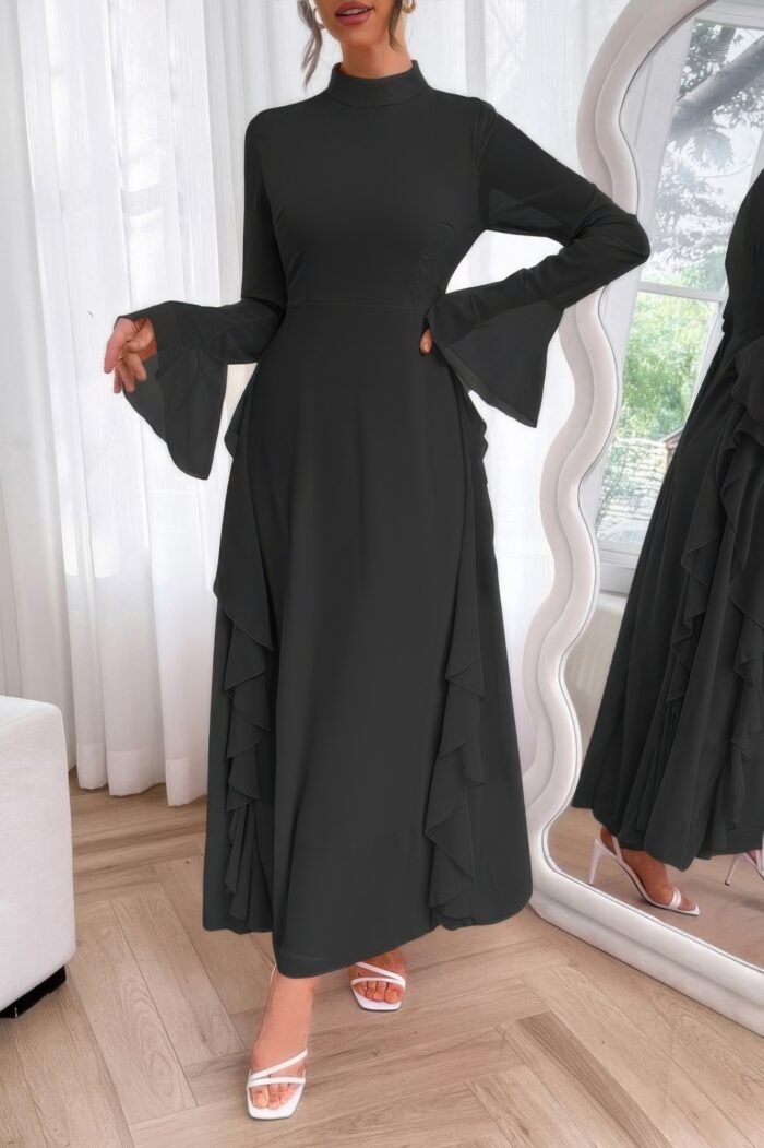 Solid stand collar flare sleeve ruffle full dress - image 3