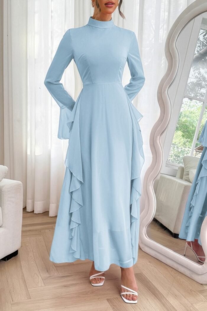 Solid stand collar flare sleeve ruffle full dress - image 4