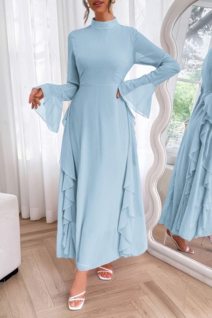 Solid stand collar flare sleeve ruffle full dress - image 5