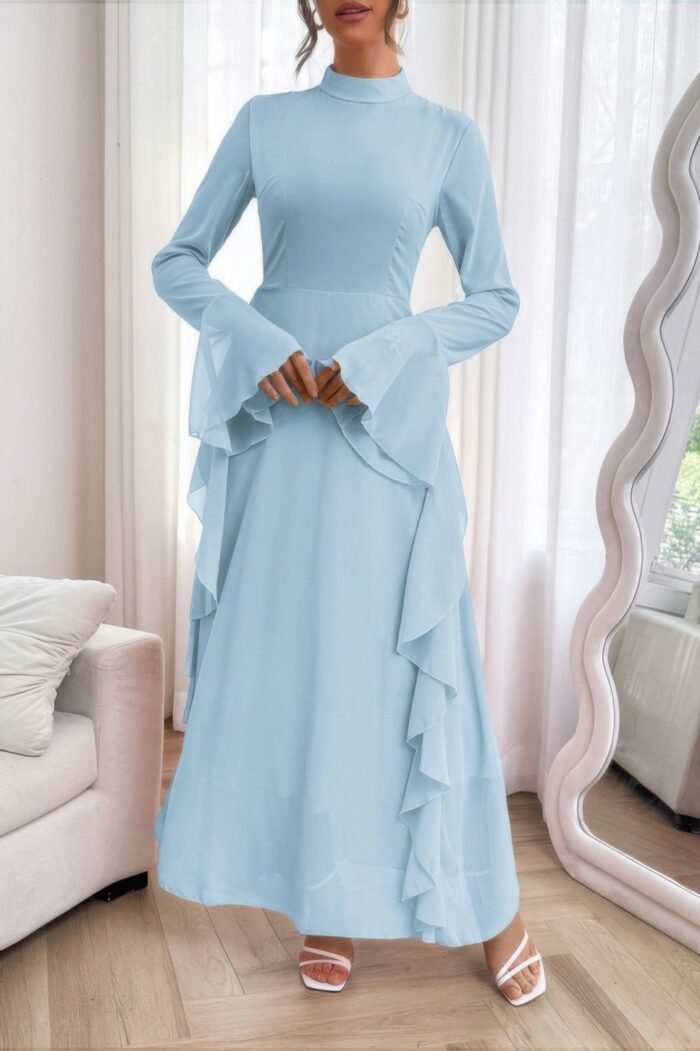 Solid stand collar flare sleeve ruffle full dress - image 6