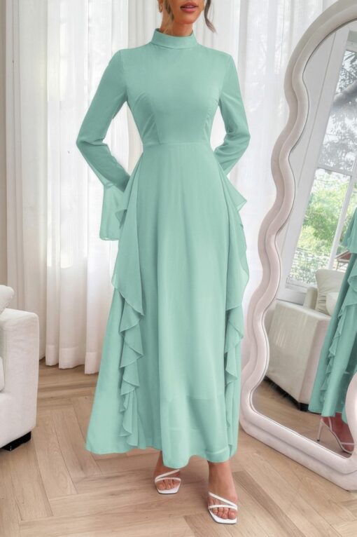 Solid Stand Collar Flare Sleeve Ruffle Full Dress - Image 7