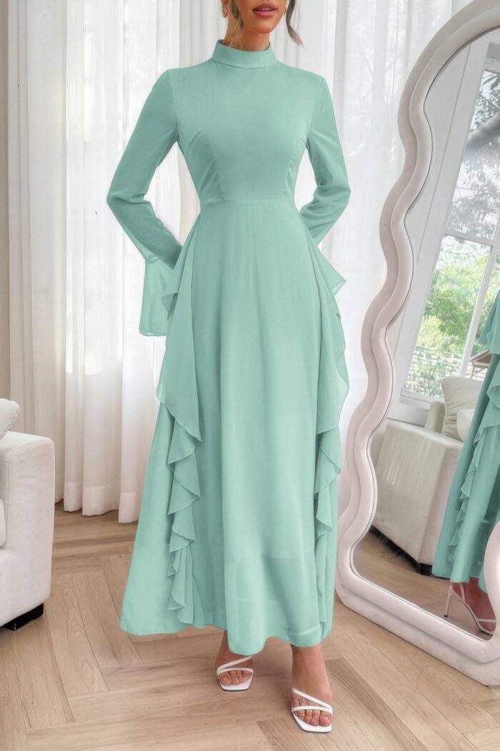 Solid stand collar flare sleeve ruffle full dress - image 7