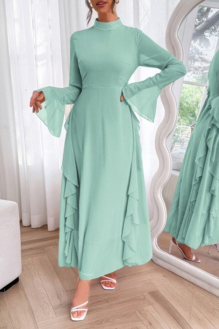 Solid stand collar flare sleeve ruffle full dress - image 8