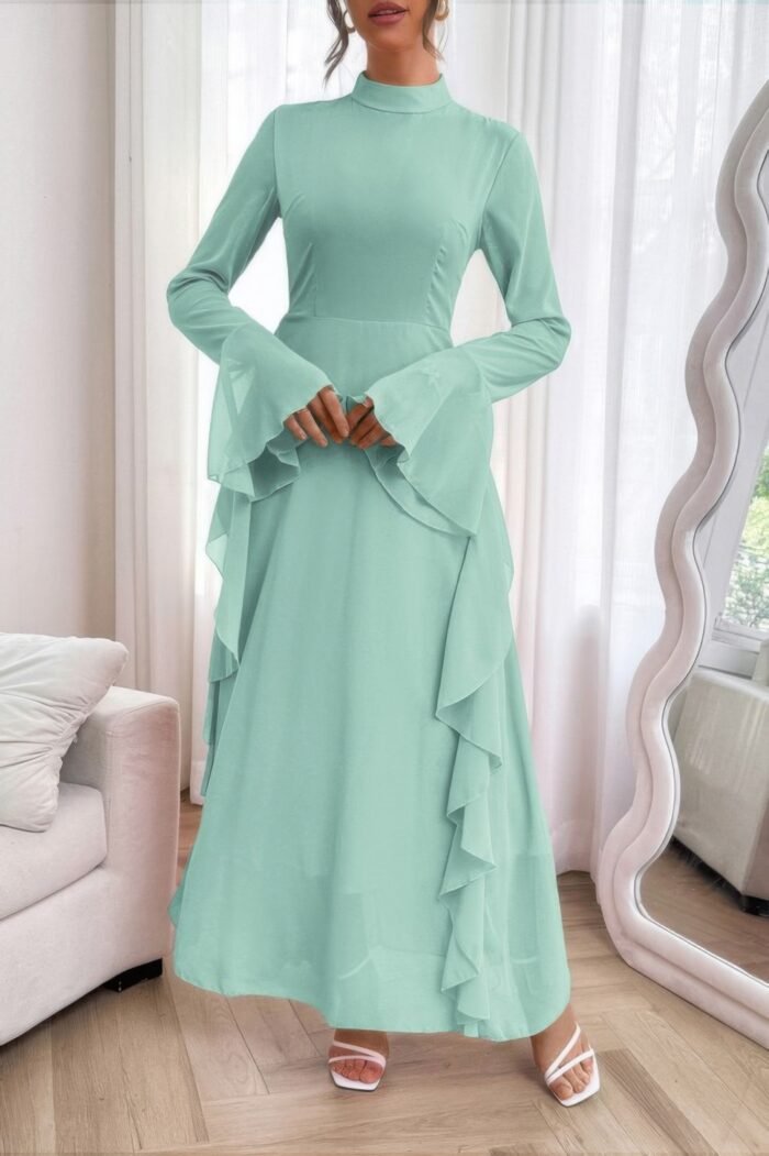 Solid stand collar flare sleeve ruffle full dress - image 9