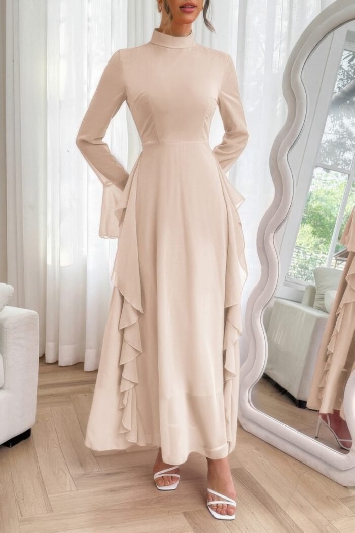 Solid stand collar flare sleeve ruffle full dress - image 10