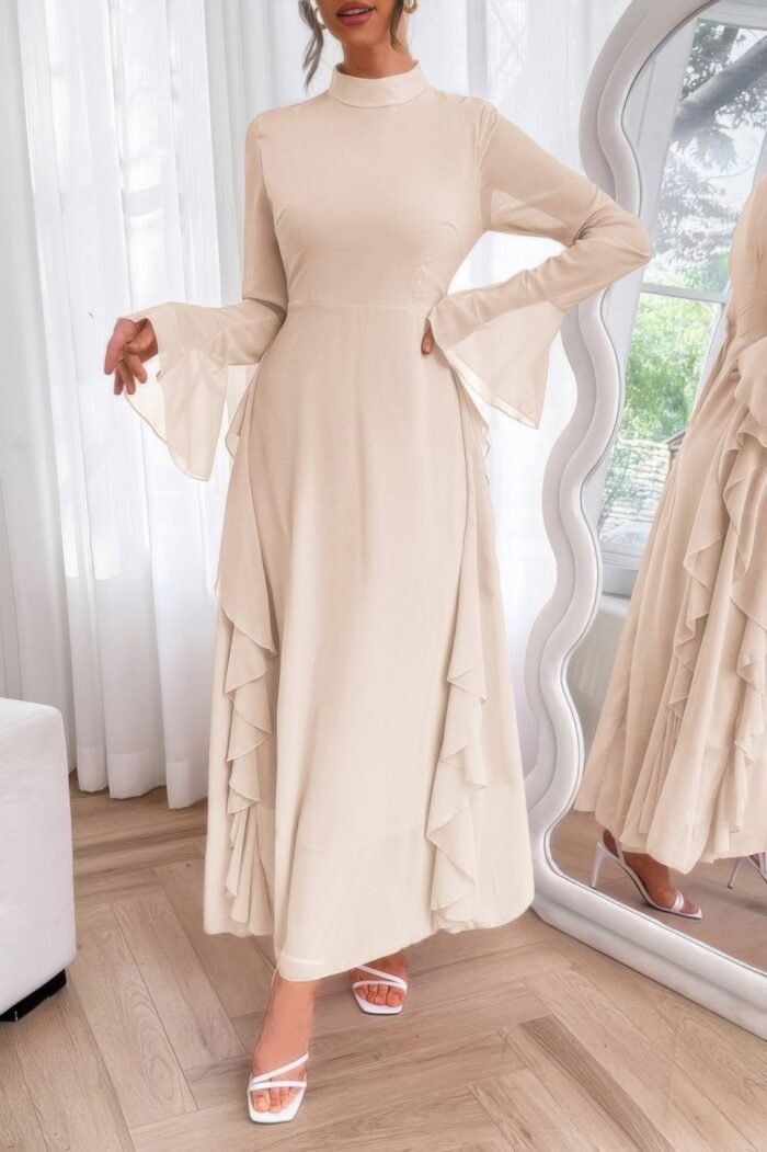Solid stand collar flare sleeve ruffle full dress - image 11