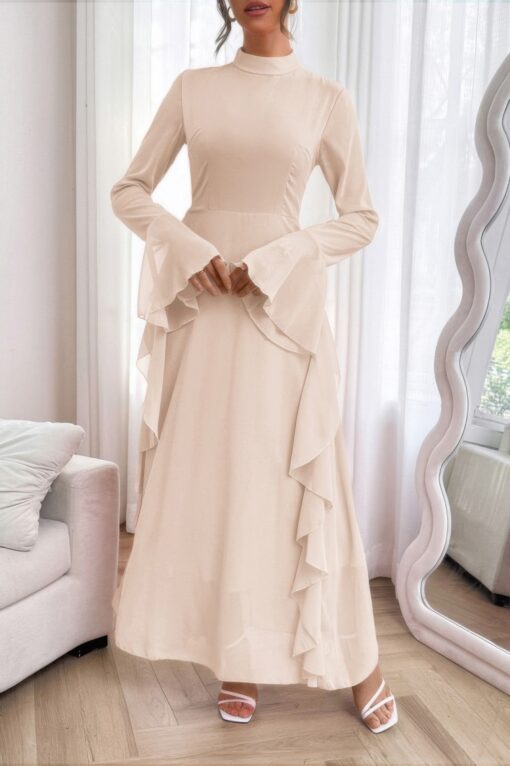 Solid Stand Collar Flare Sleeve Ruffle Full Dress - Image 12
