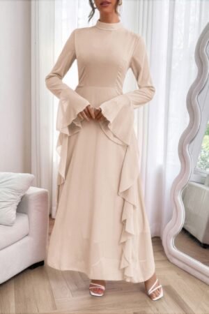 Solid Stand Collar Flare Sleeve Ruffle Full Dress Solid Stand Collar Flare Sleeve Ruffle Full Dress