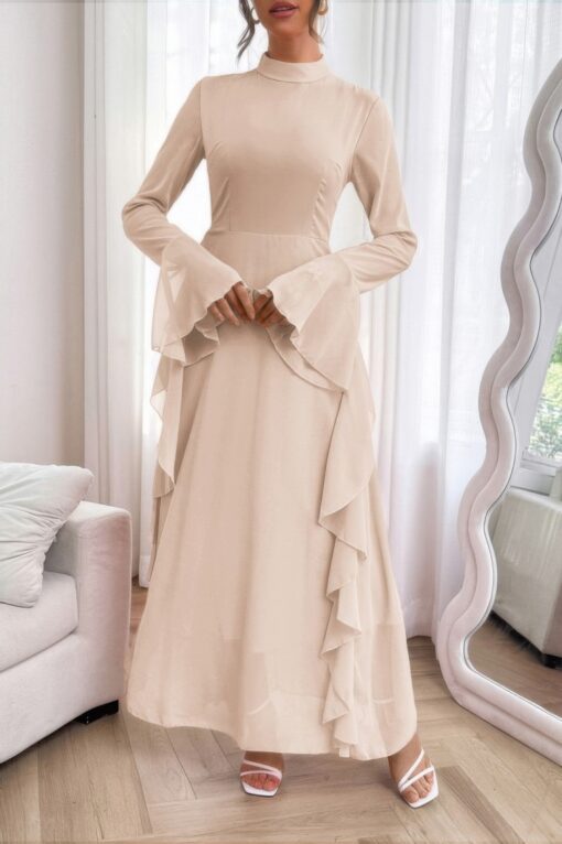 Solid Stand Collar Flare Sleeve Ruffle Full Dress - Image 13