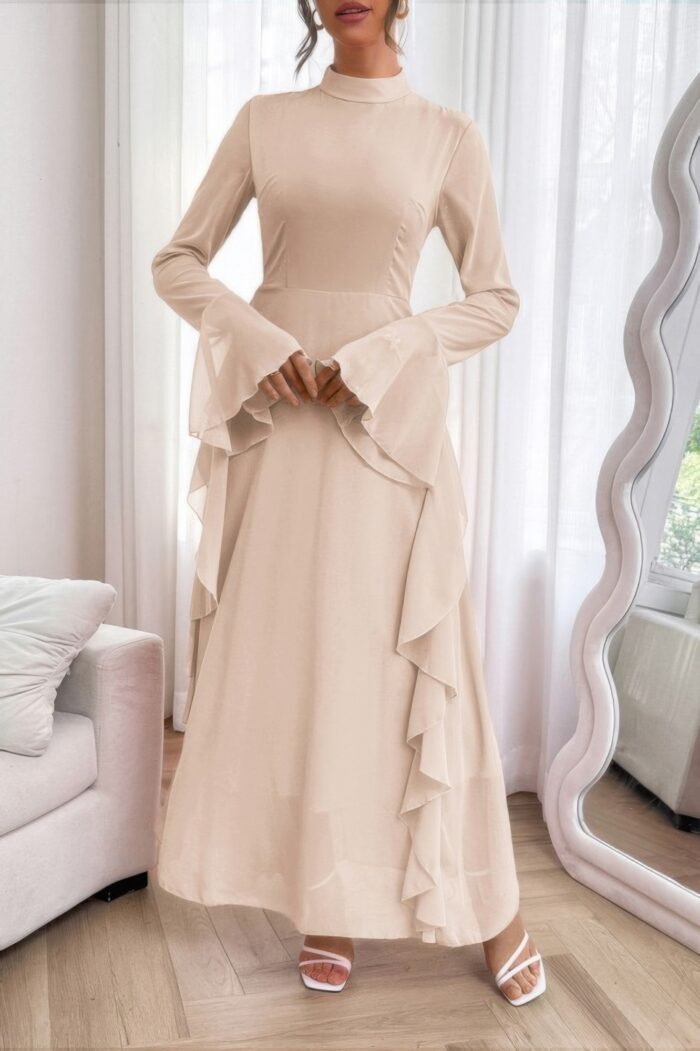 Solid stand collar flare sleeve ruffle full dress - image 13
