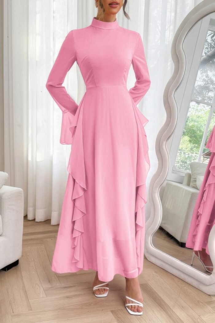 Solid stand collar flare sleeve ruffle full dress - image 14