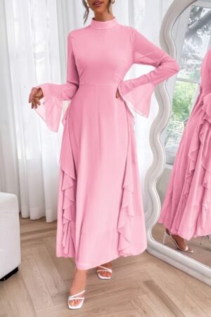Solid Stand Collar Flare Sleeve Ruffle Full Dress Solid Stand Collar Flare Sleeve Ruffle Full Dress