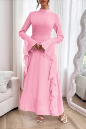 Solid Stand Collar Flare Sleeve Ruffle Full Dress Solid Stand Collar Flare Sleeve Ruffle Full Dress