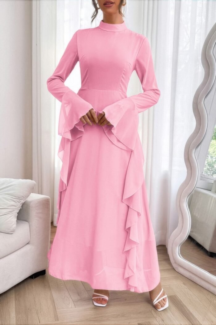 Solid stand collar flare sleeve ruffle full dress - image 16
