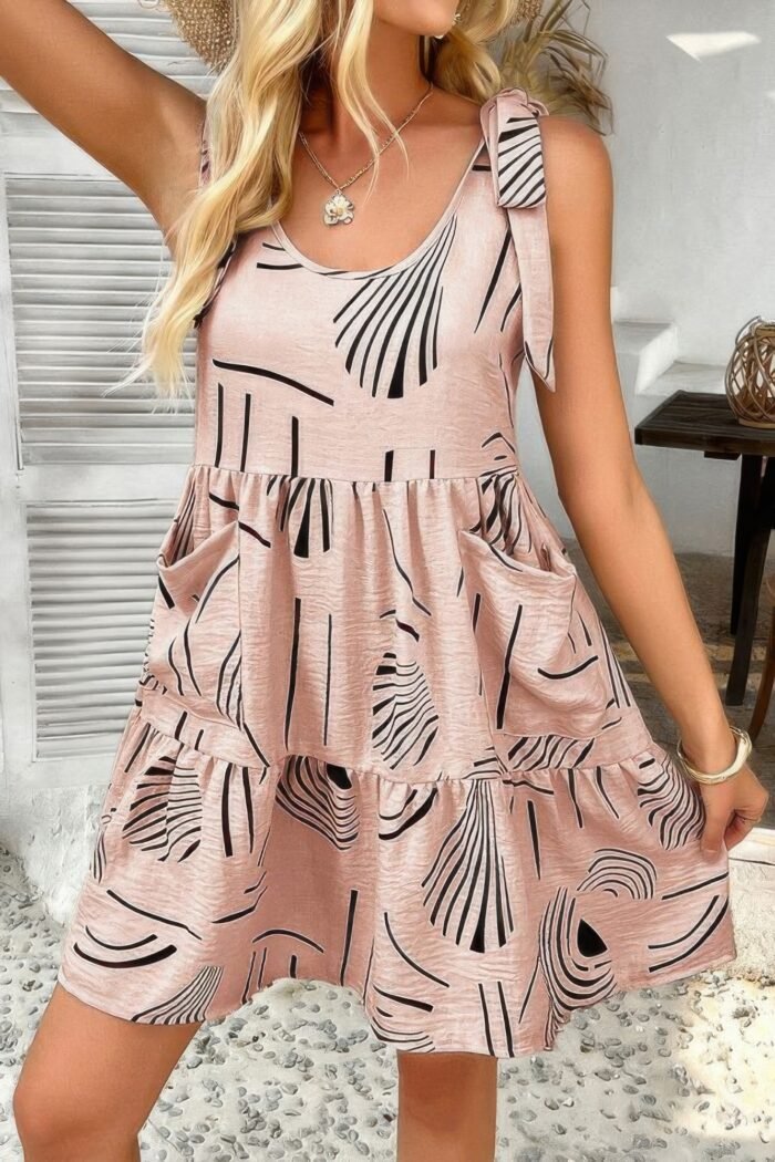 Abstract printed round neck pockets a-line dress - image 2