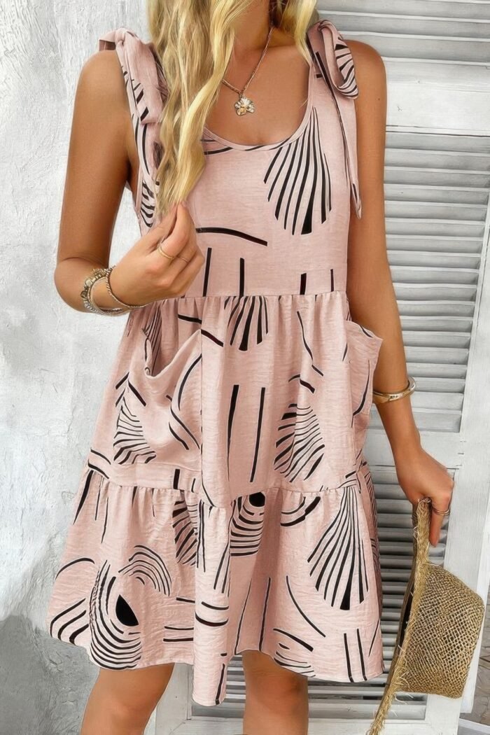 Abstract printed round neck pockets a-line dress - image 3