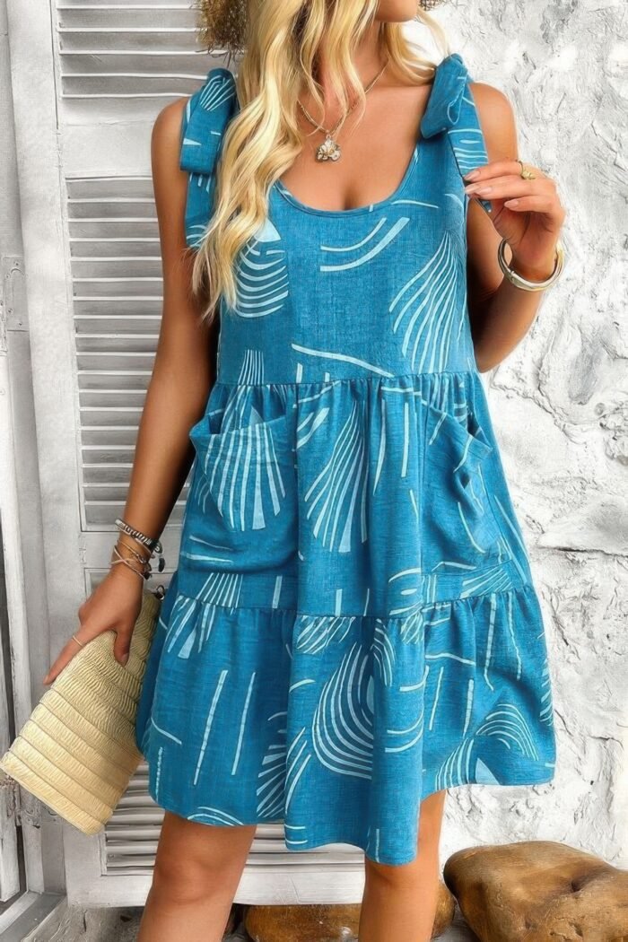 Abstract printed round neck pockets a-line dress - image 7