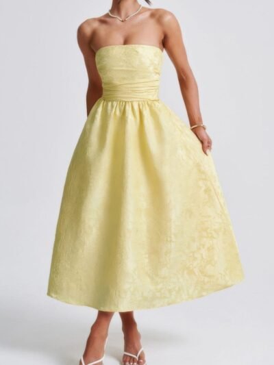 A Line Strapless Jacquard Satin Embroidery Dress
