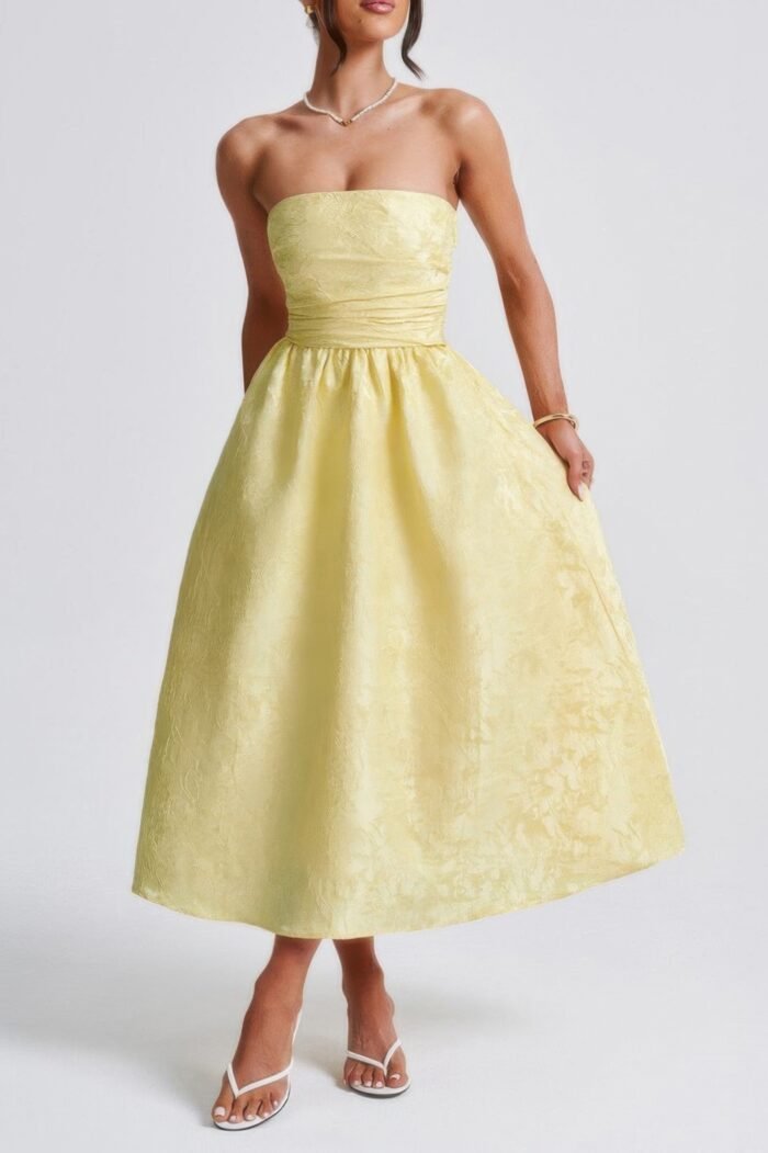 A line strapless jacquard satin embroidery dress - image 1