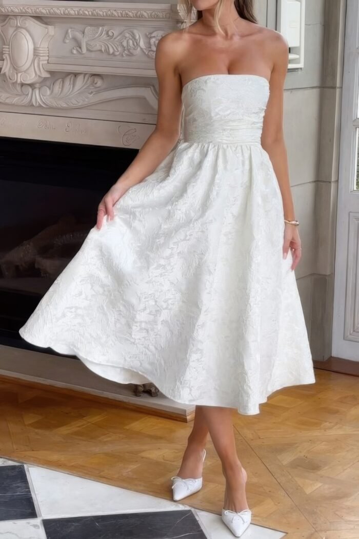 A line strapless jacquard satin embroidery dress - image 5