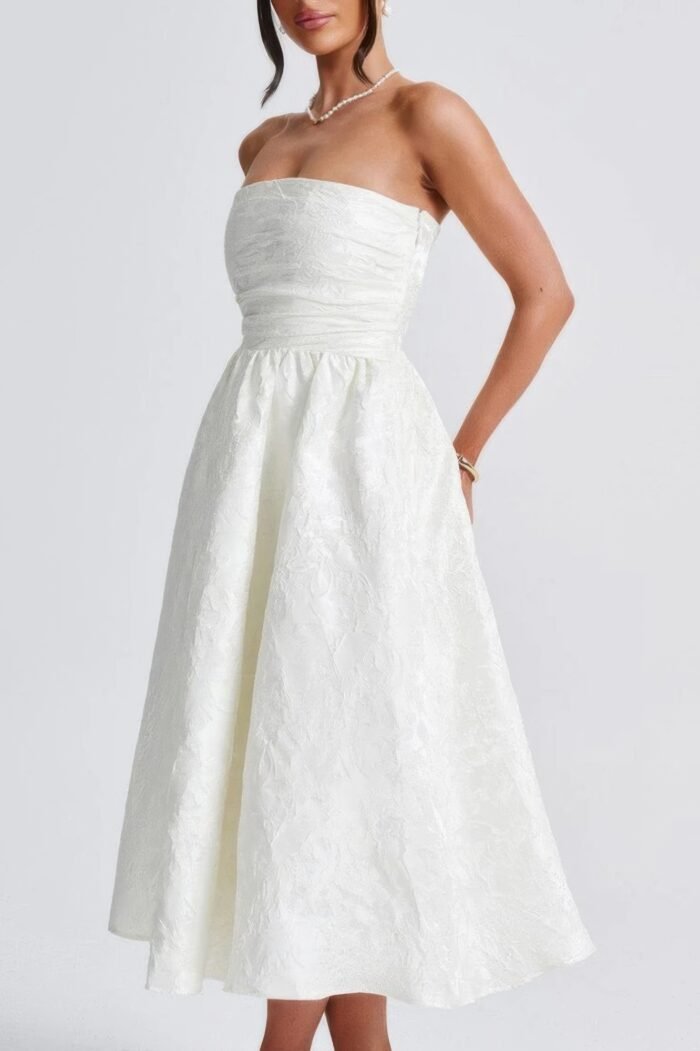 A line strapless jacquard satin embroidery dress - image 6