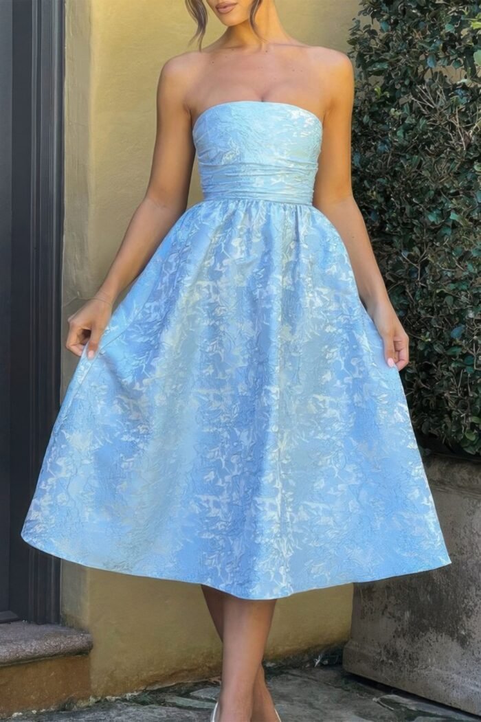 A line strapless jacquard satin embroidery dress - image 8