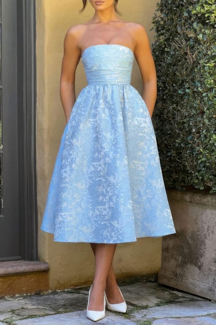 A line strapless jacquard satin embroidery dress - image 9
