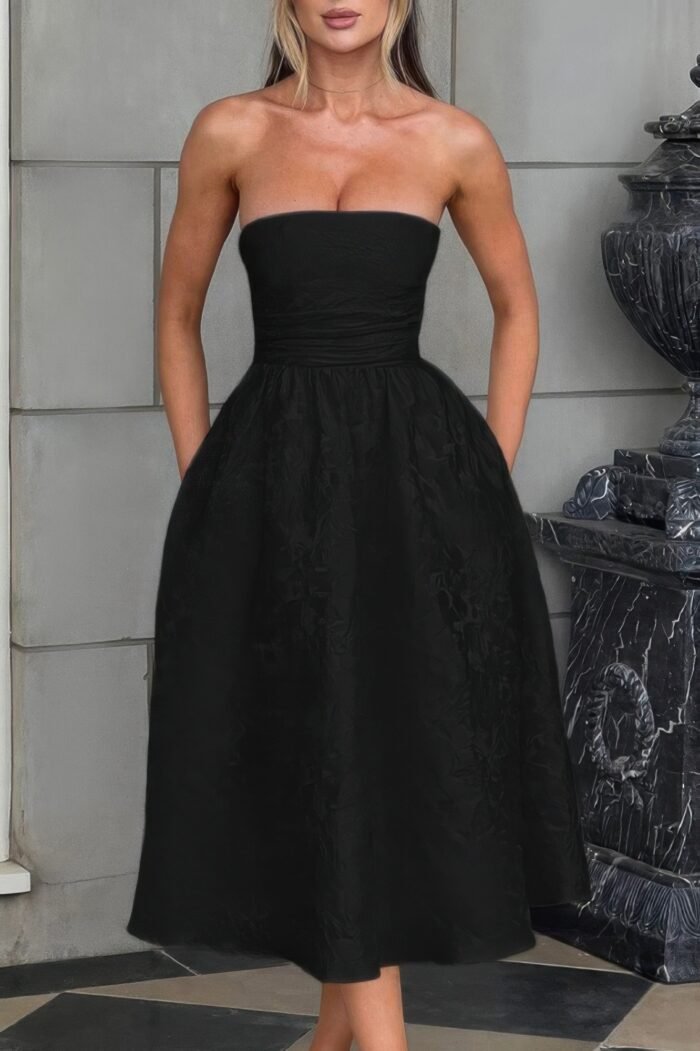 A line strapless jacquard satin embroidery dress - image 11
