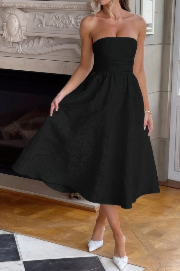 A line strapless jacquard satin embroidery dress - image 12