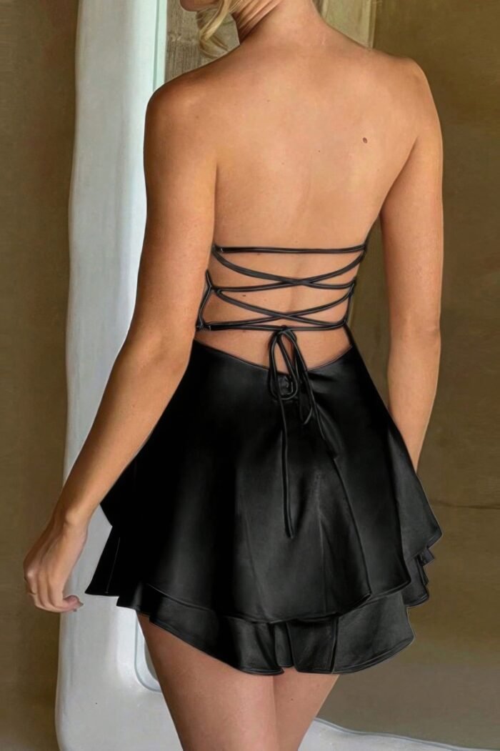 Solid backless lace up tube fit mini dress - image 4