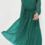 Dot Print Lantern Sleeve Belted Midi Dress