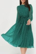 Dot Print Lantern Sleeve Belted Midi Dress