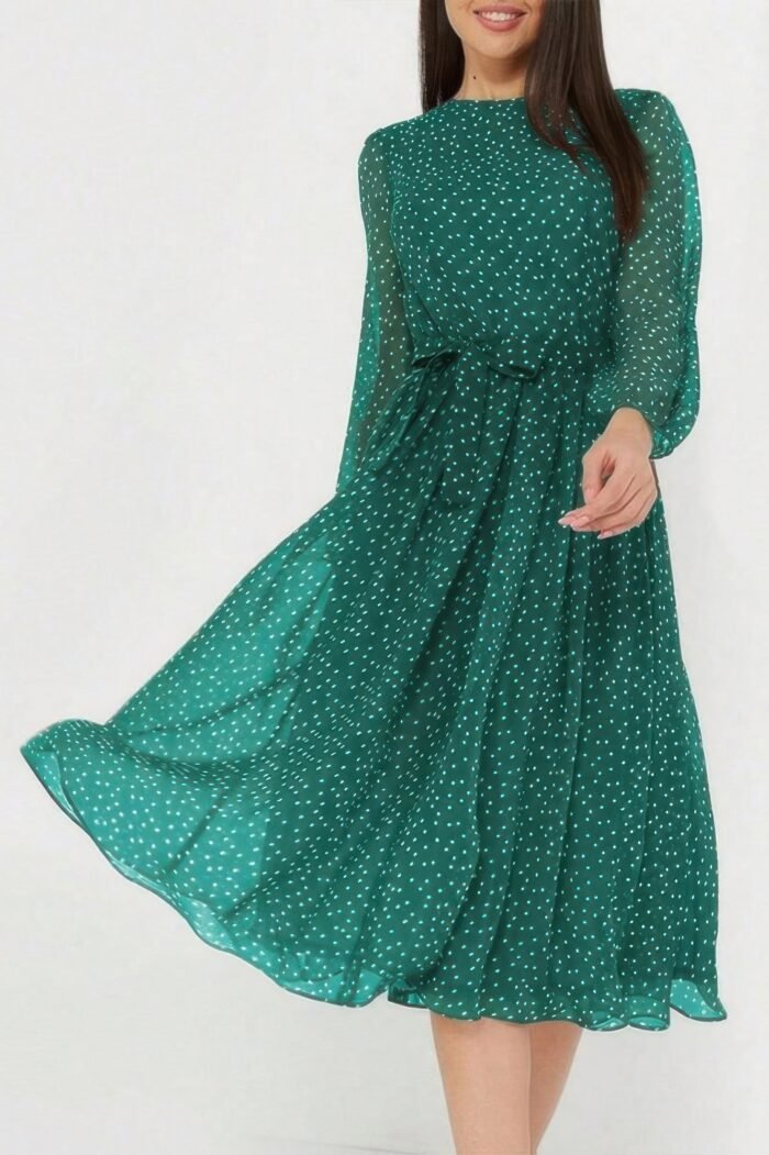 Dot print lantern sleeve belted midi dress - image 1