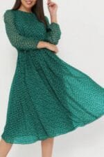 Dot Print Lantern Sleeve Belted Midi Dress