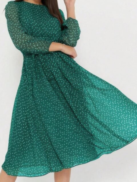 Dot Print Lantern Sleeve Belted Midi Dress